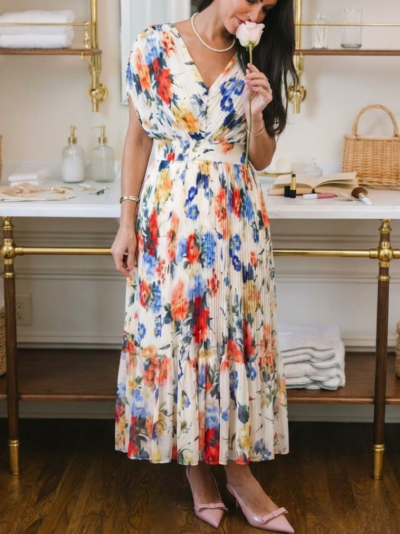 Savannah | Vestido Midi Floral Plisado de Manga Corta