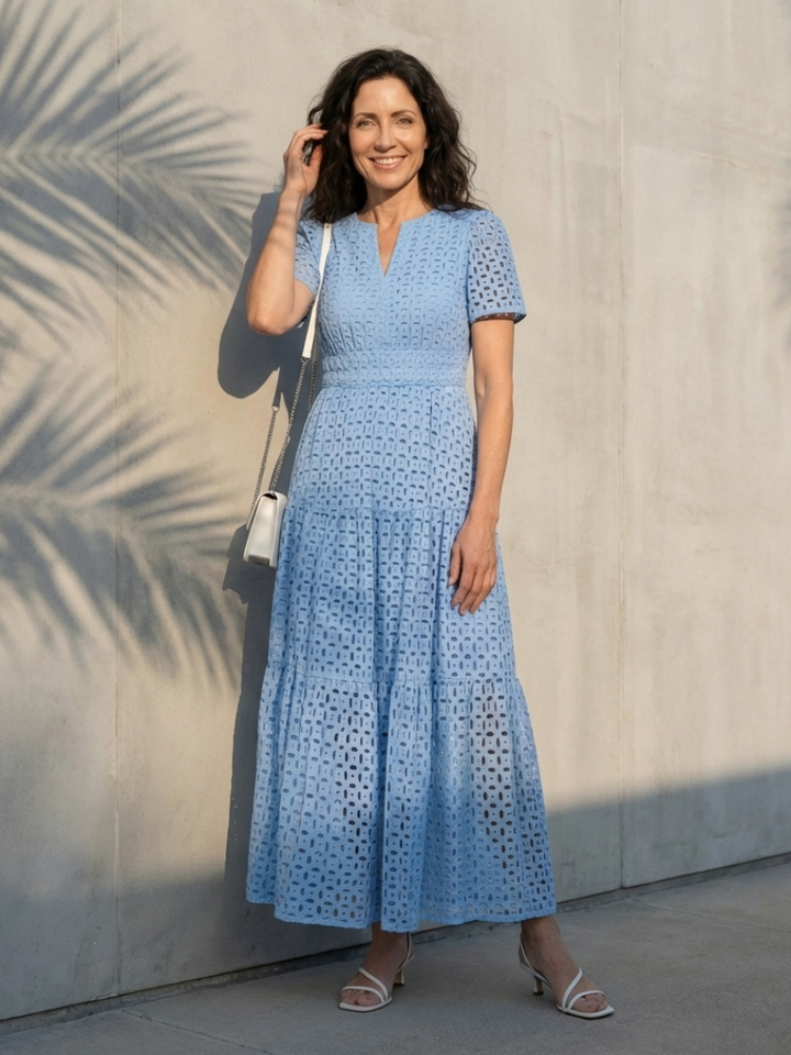 Brielle | Vestido Midi Escalonado de Cuello en V y Manga Corta