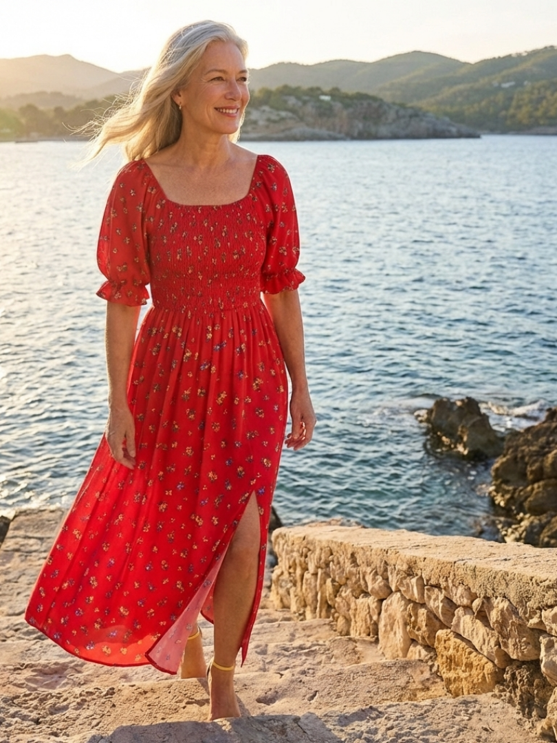 Delphine | Vestido Midi Floral de Escote Cuadrado y Manga Abullonada