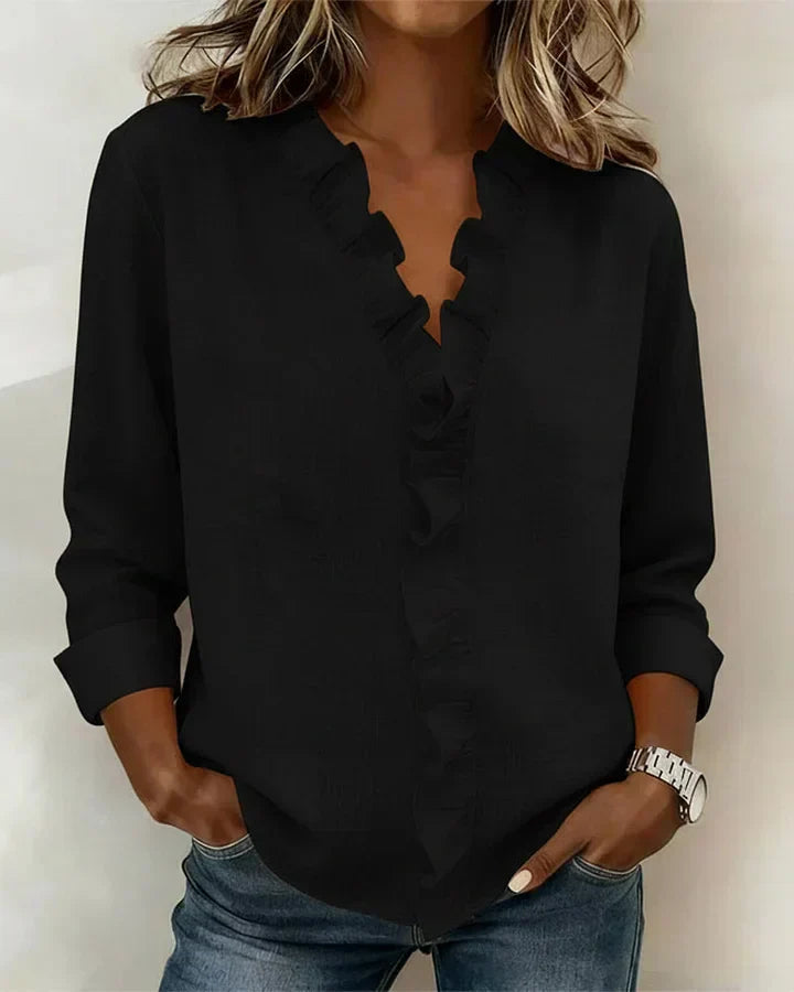 Susan | Blusa con Volantes, Cuello en V y Manga Larga