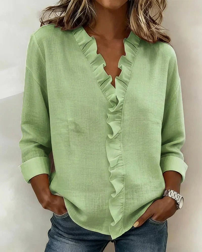 Susan | Blusa con Volantes, Cuello en V y Manga Larga