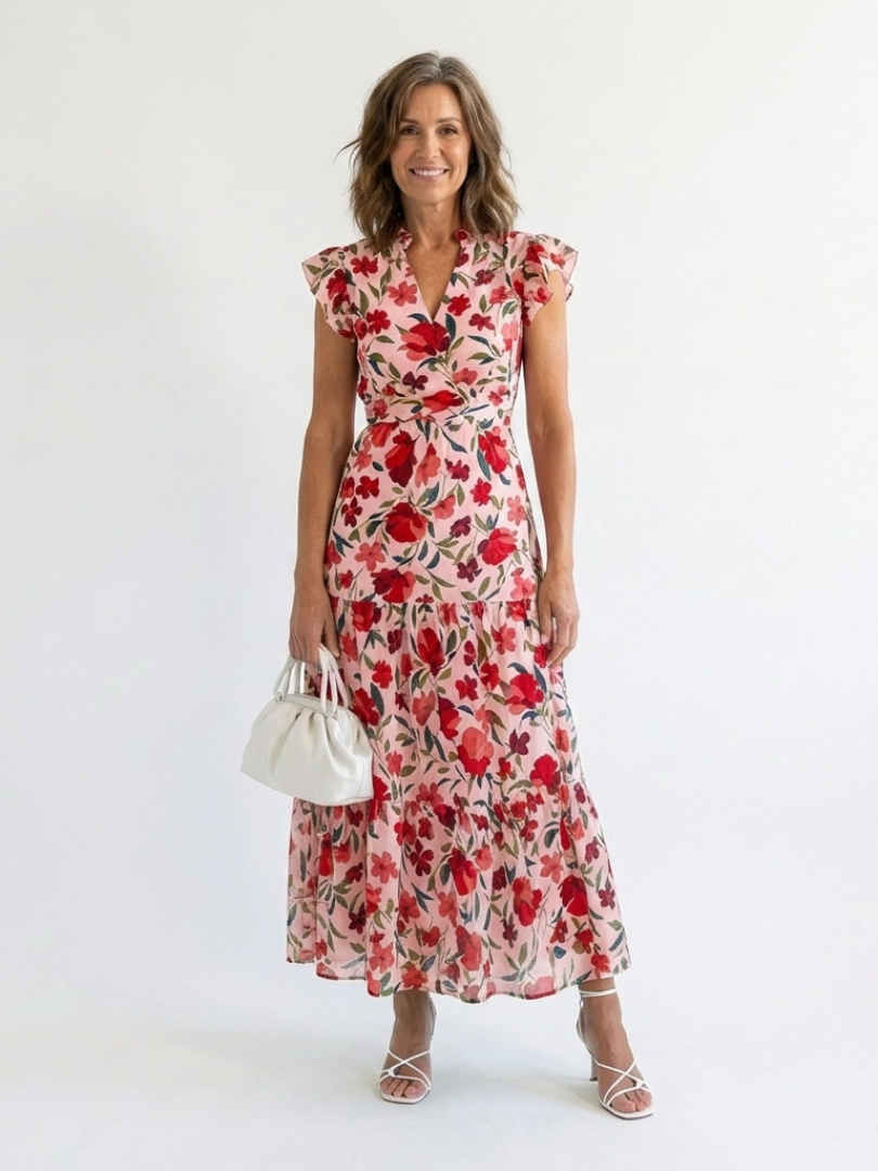 Lila | Vestido Midi Floral Escalonado de Cuello en V