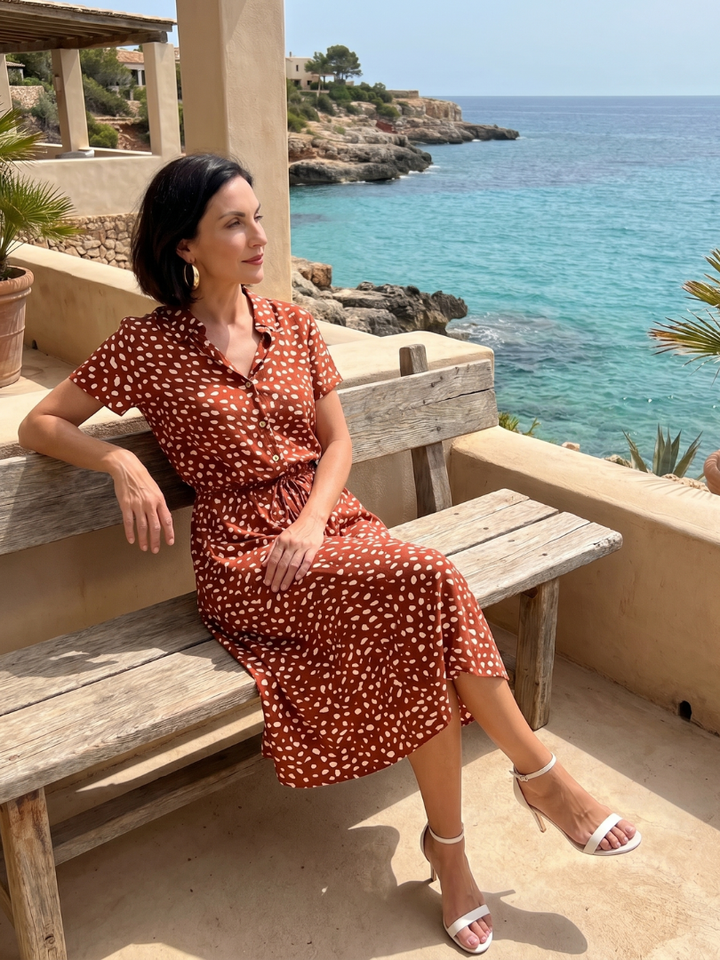Belladonna | Vestido Midi Estampado Abotonado con Cinturón