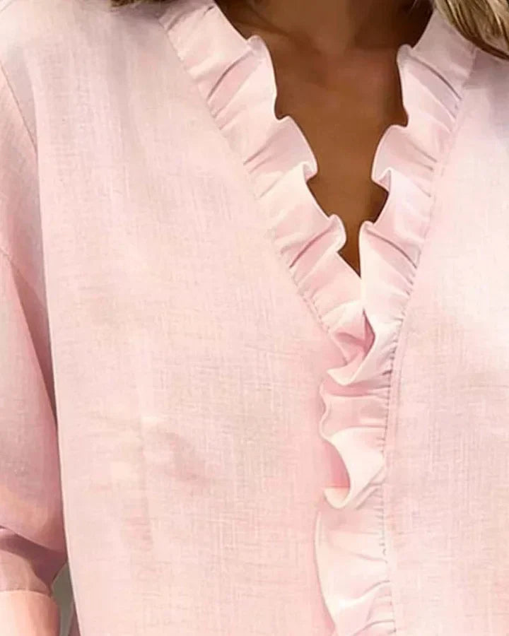 Susan | Blusa con Volantes, Cuello en V y Manga Larga
