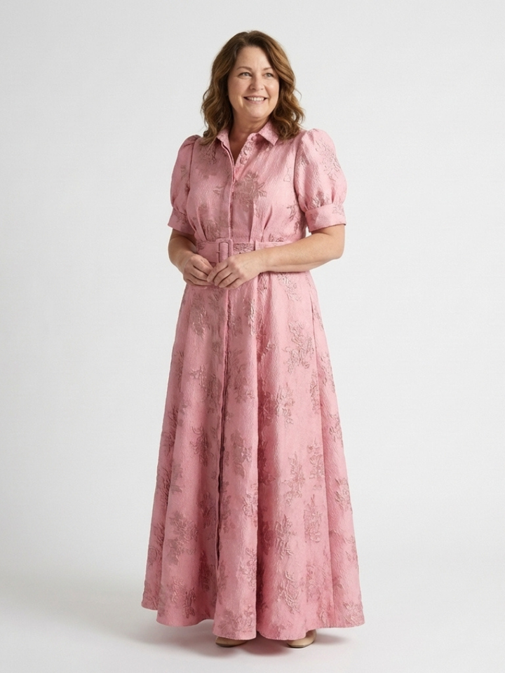 Xanthea | Vestido Camisero Maxi Floral Texturizado con Cinturón y Manga Corta