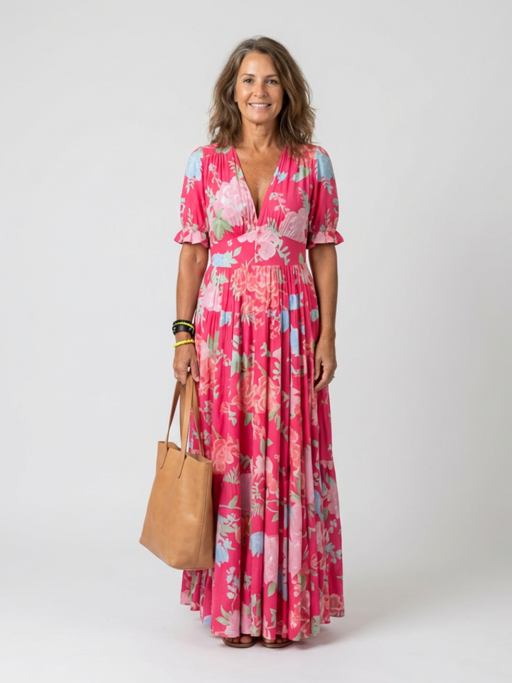 Ione | Vestido Midi Floral de Cuello en V y Manga Corta