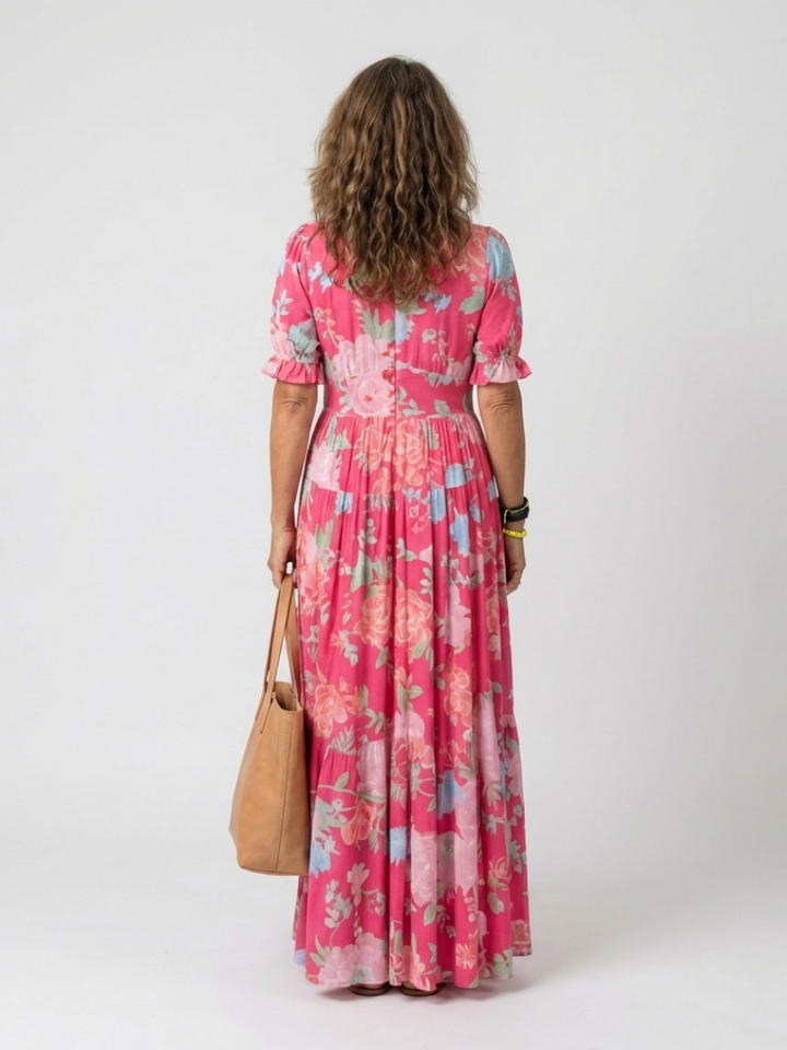 Ione | Vestido Midi Floral de Cuello en V y Manga Corta