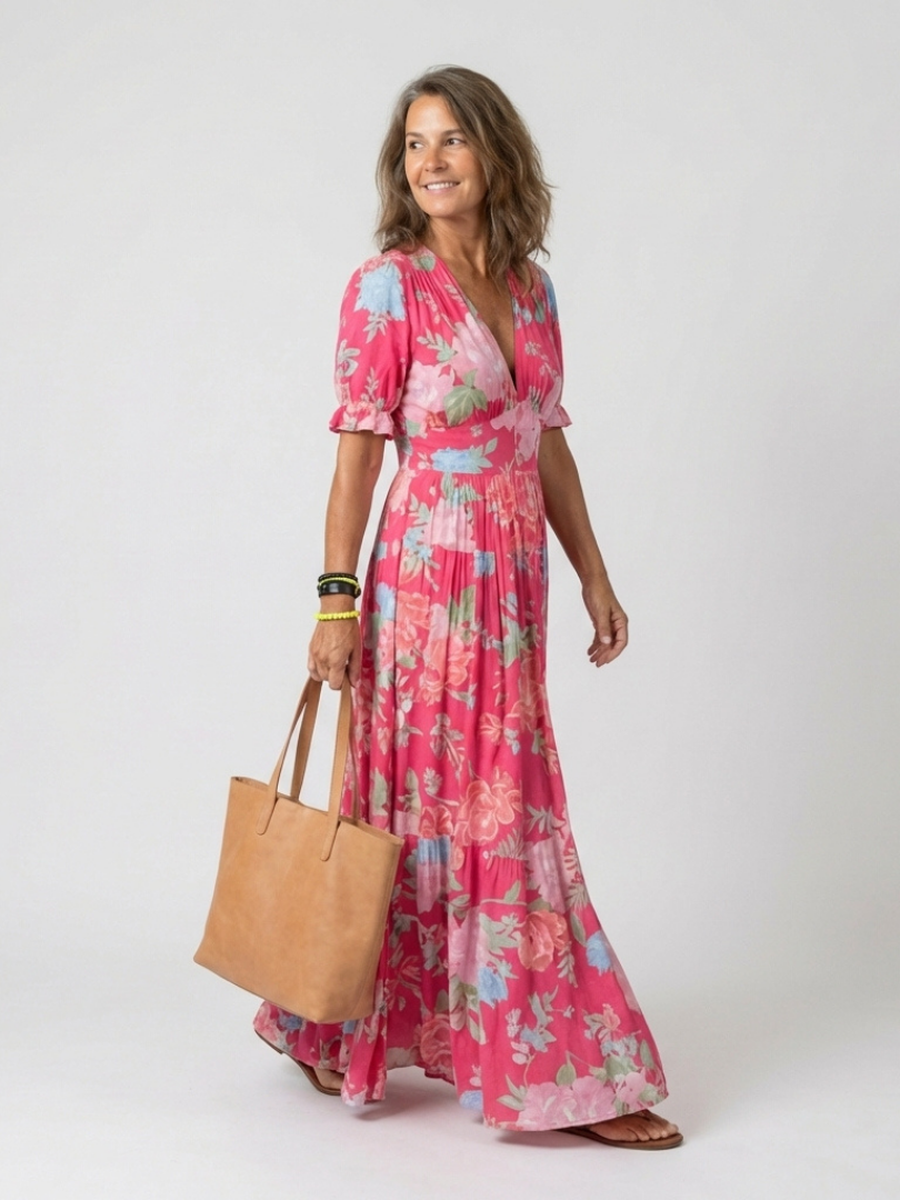 Ione | Vestido Midi Floral de Cuello en V y Manga Corta