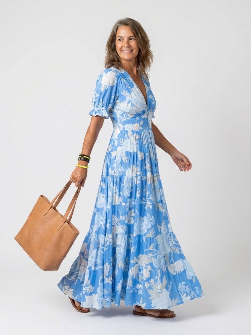 Ione | Vestido Midi Floral de Cuello en V y Manga Corta