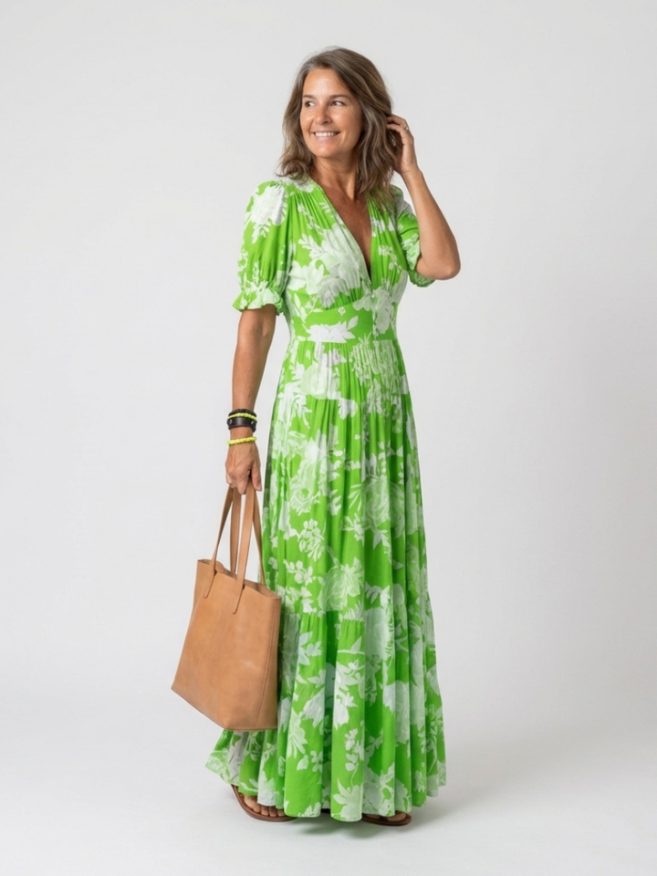 Ione | Vestido Midi Floral de Cuello en V y Manga Corta
