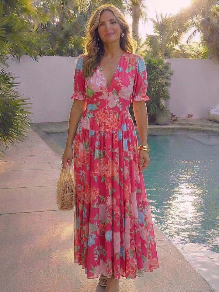 Ione | Vestido Midi Floral de Cuello en V y Manga Corta