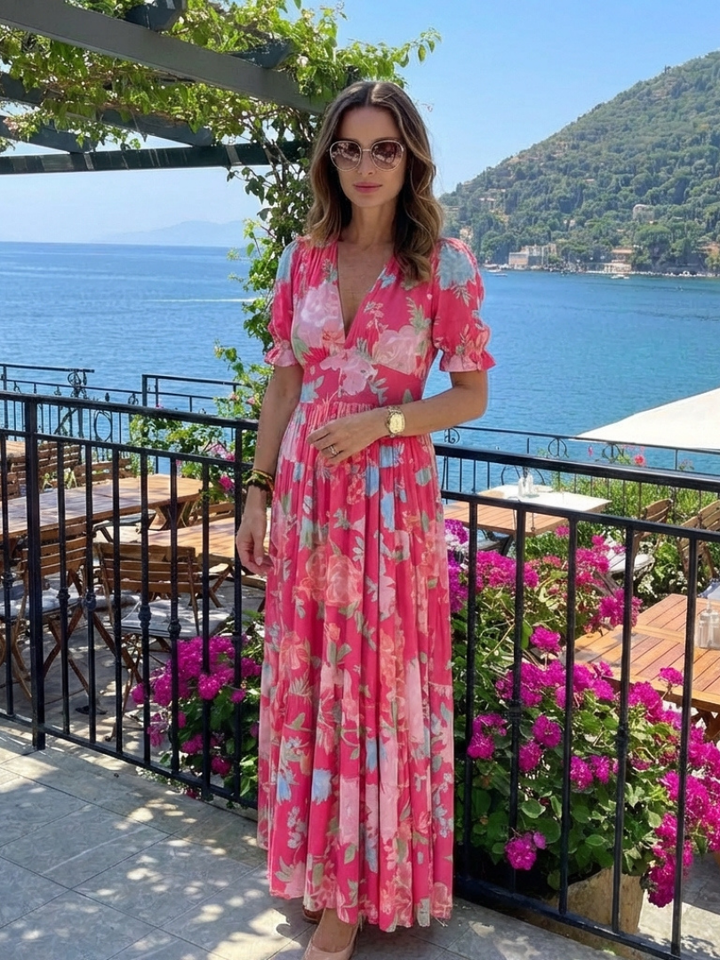 Ione | Vestido Midi Floral de Cuello en V y Manga Corta