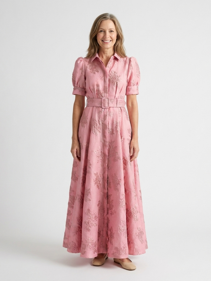 Xanthea | Vestido Camisero Maxi Floral Texturizado con Cinturón y Manga Corta