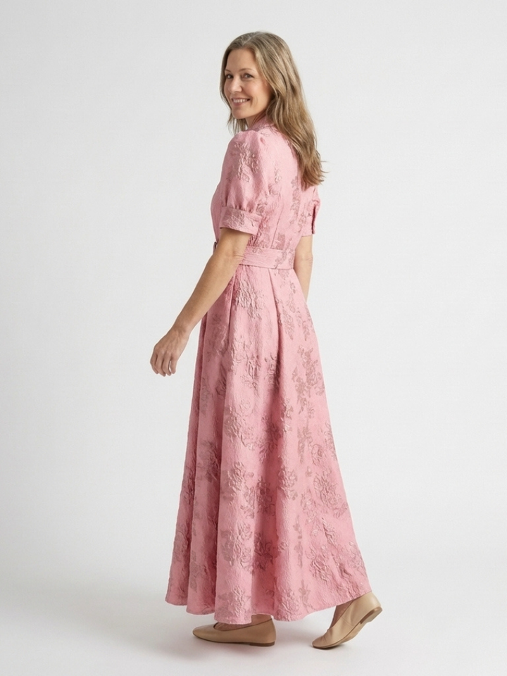 Xanthea | Vestido Camisero Maxi Floral Texturizado con Cinturón y Manga Corta