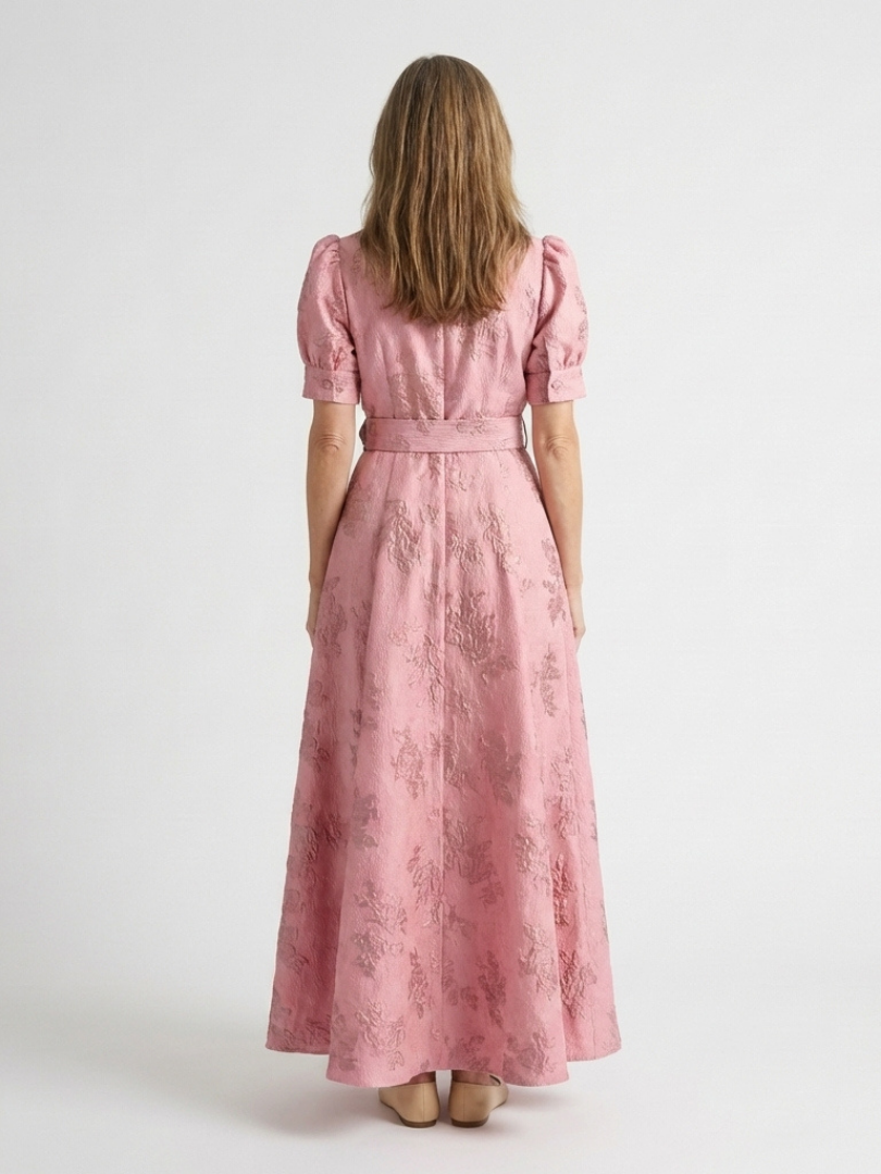 Xanthea | Vestido Camisero Maxi Floral Texturizado con Cinturón y Manga Corta
