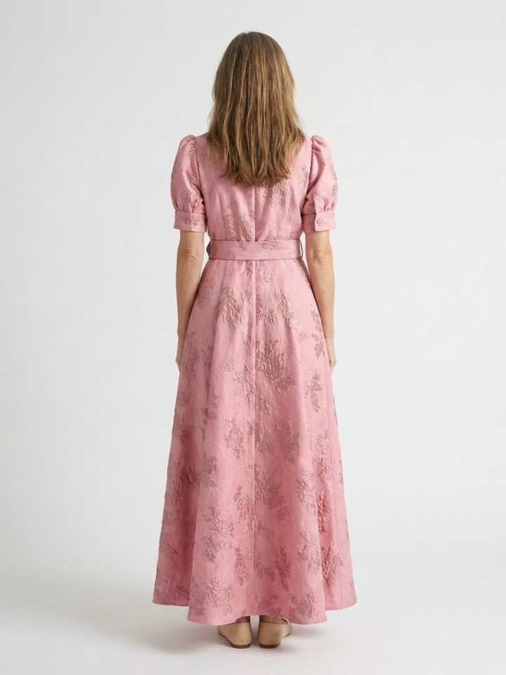 Xanthea | Vestido Camisero Maxi Floral Texturizado con Cinturón y Manga Corta