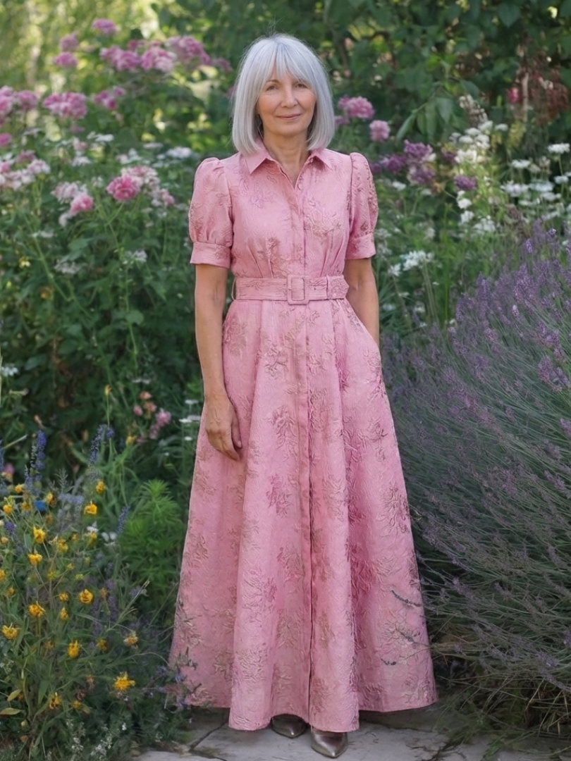 Xanthea | Vestido Camisero Maxi Floral Texturizado con Cinturón y Manga Corta