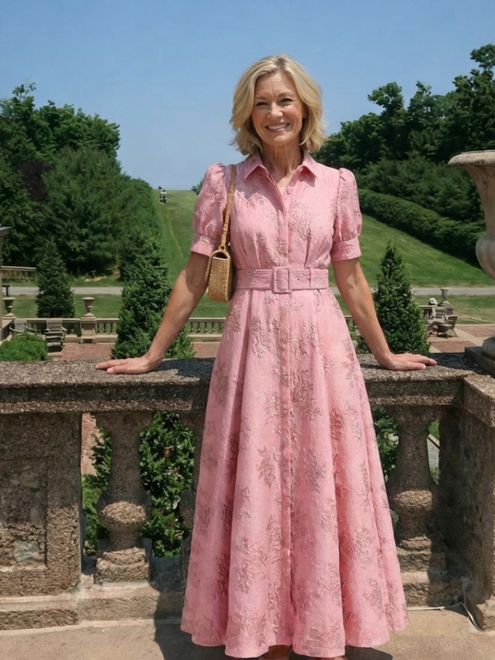 Xanthea | Vestido Camisero Maxi Floral Texturizado con Cinturón y Manga Corta