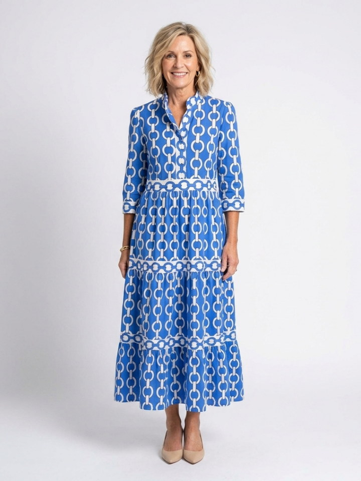 Ysolde | Vestido Midi con Estampado de Cadenas y Manga Tres Cuartos