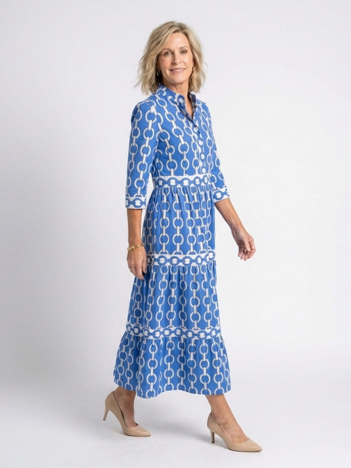 Ysolde | Vestido Midi con Estampado de Cadenas y Manga Tres Cuartos