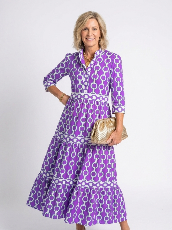 Ysolde | Vestido Midi con Estampado de Cadenas y Manga Tres Cuartos