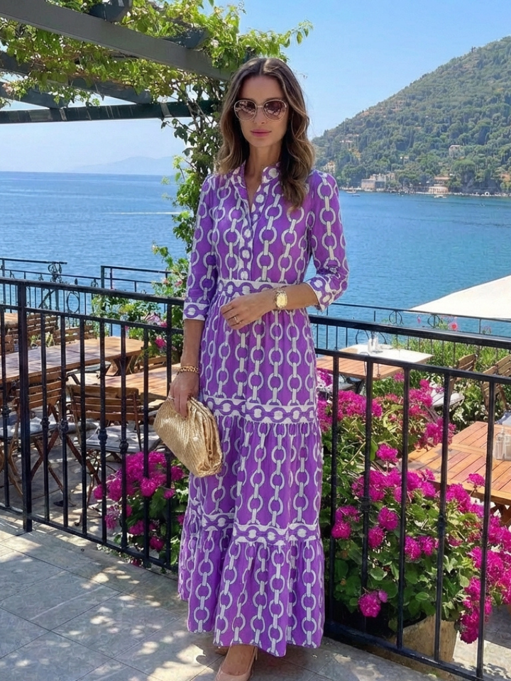Ysolde | Vestido Midi con Estampado de Cadenas y Manga Tres Cuartos