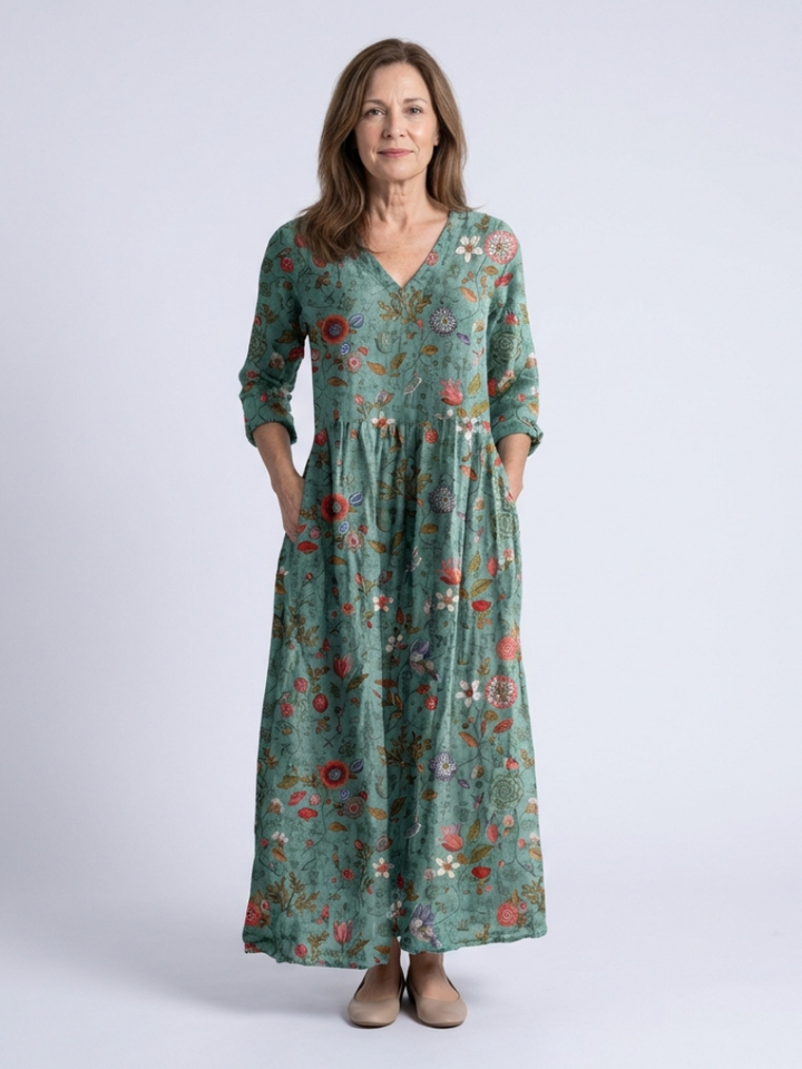 Marina | Vestido Maxi Floral de Cuello en V y Manga Tres Cuartos