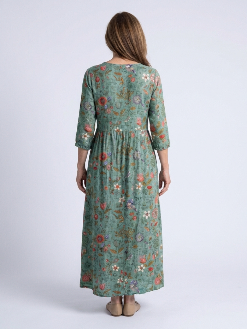 Marina | Vestido Maxi Floral de Cuello en V y Manga Tres Cuartos