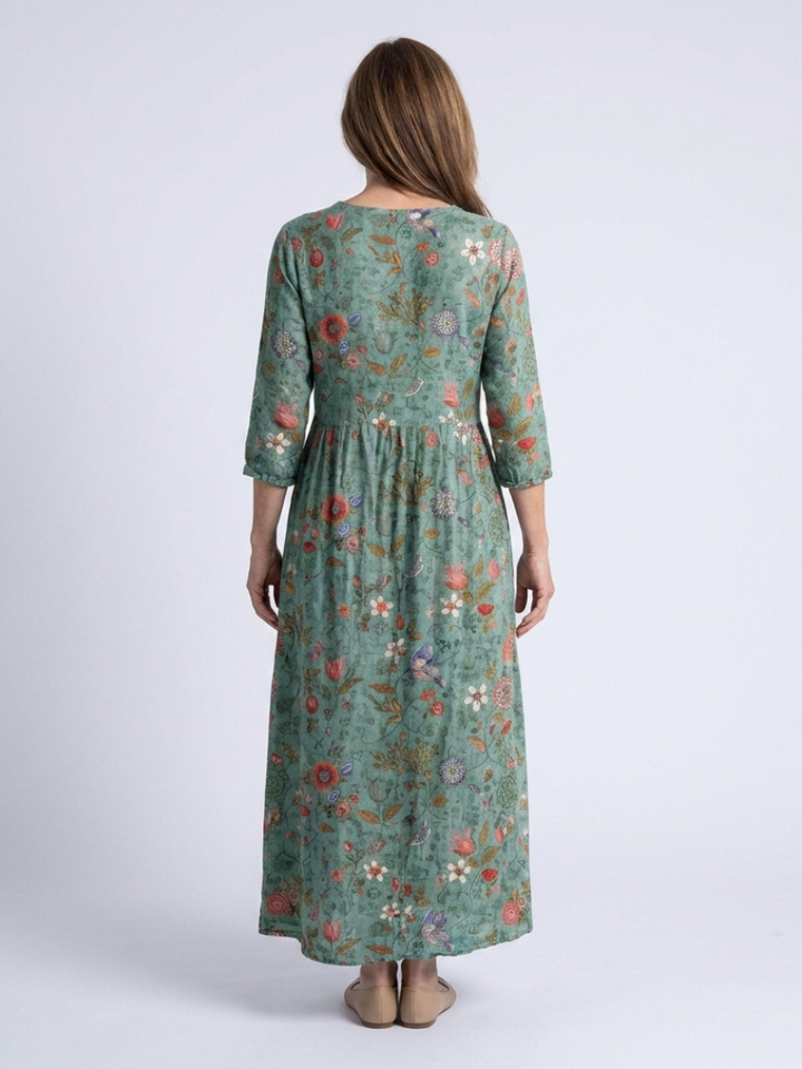 Marina | Vestido Maxi Floral de Cuello en V y Manga Tres Cuartos
