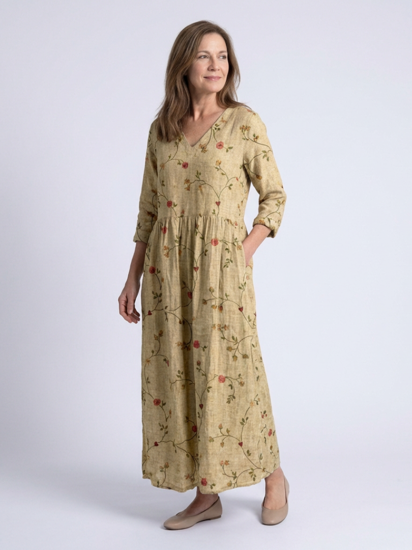 Marina | Vestido Maxi Floral de Cuello en V y Manga Tres Cuartos