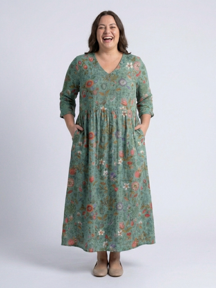 Marina | Vestido Maxi Floral de Cuello en V y Manga Tres Cuartos