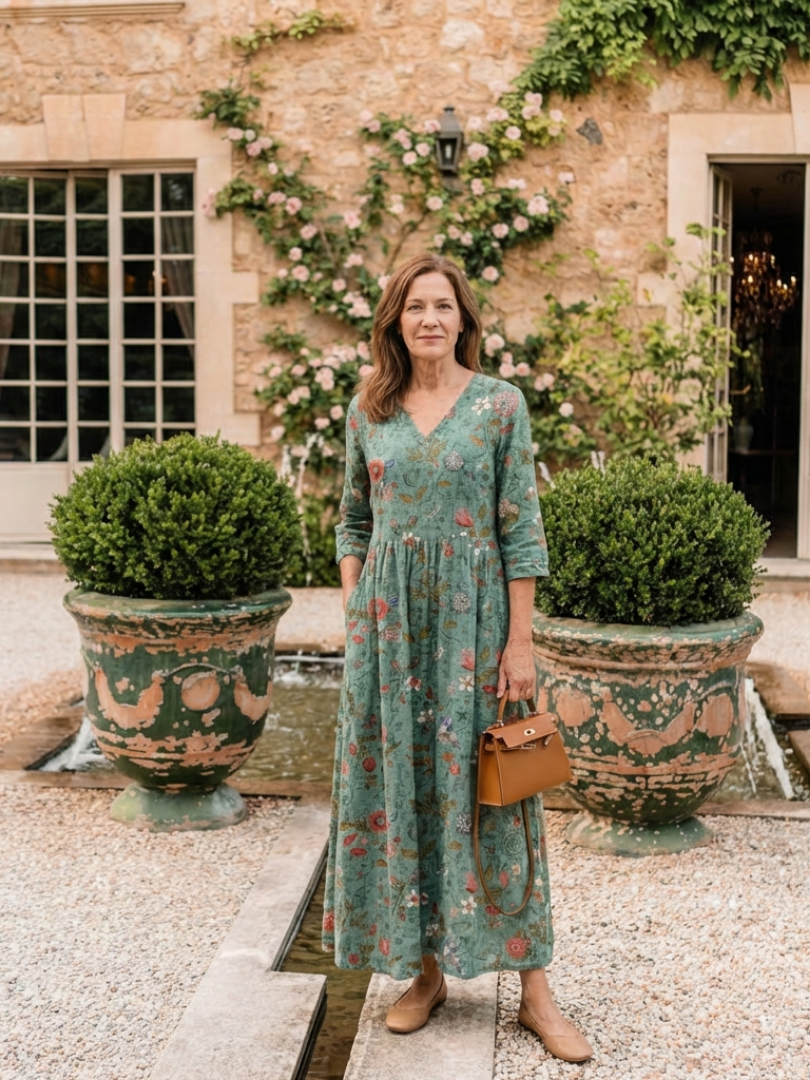Marina | Vestido Maxi Floral de Cuello en V y Manga Tres Cuartos