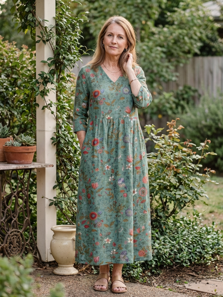 Marina | Vestido Maxi Floral de Cuello en V y Manga Tres Cuartos