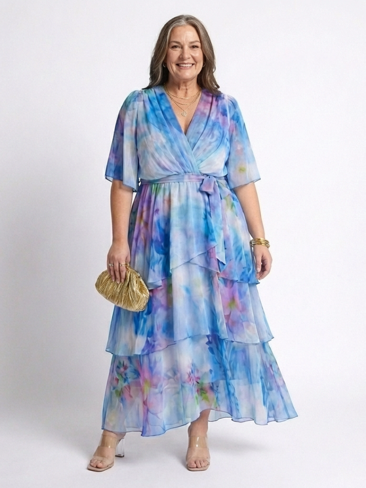 Calista | Vestido Maxi Vaporoso en Capas con Cuello en V y Cintura Anudada