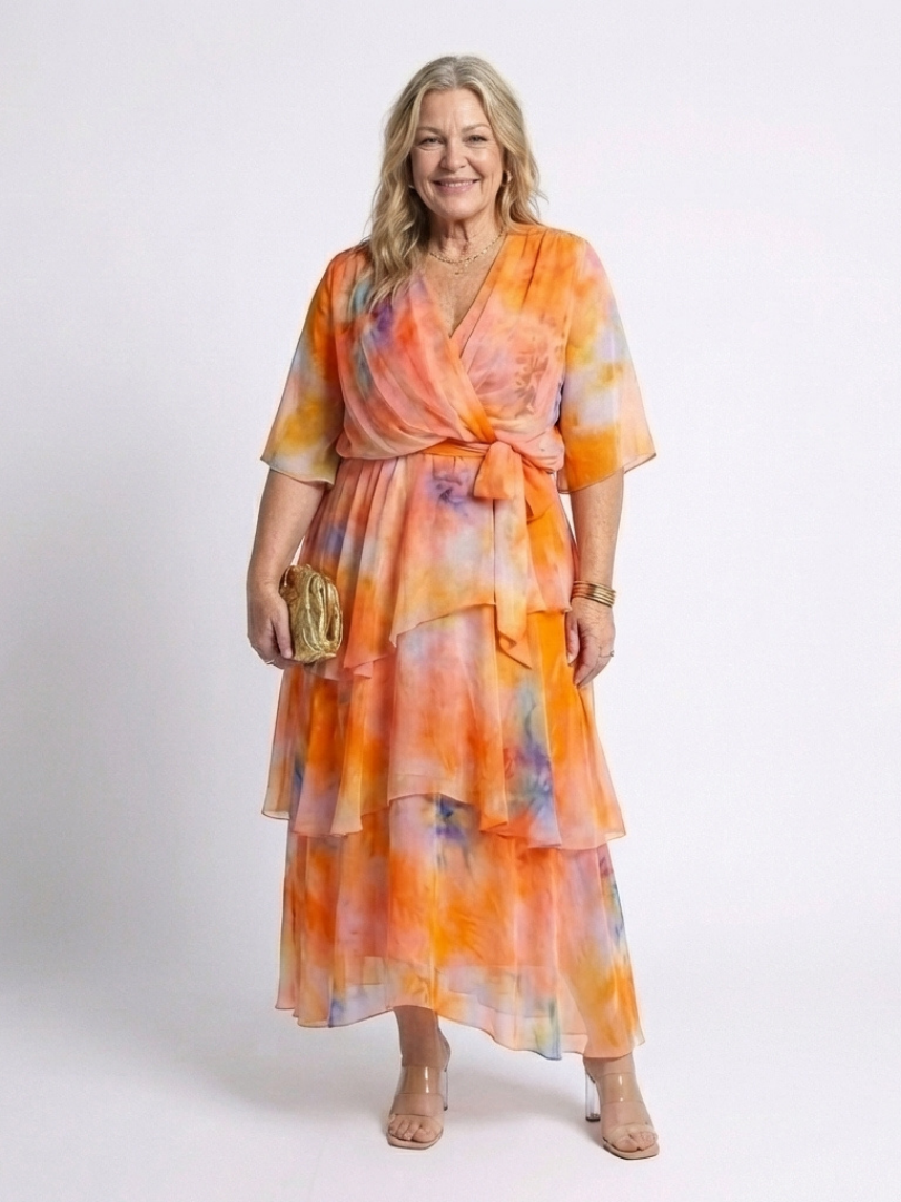 Calista | Vestido Maxi Vaporoso en Capas con Cuello en V y Cintura Anudada