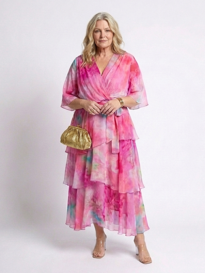 Calista | Vestido Maxi Vaporoso en Capas con Cuello en V y Cintura Anudada