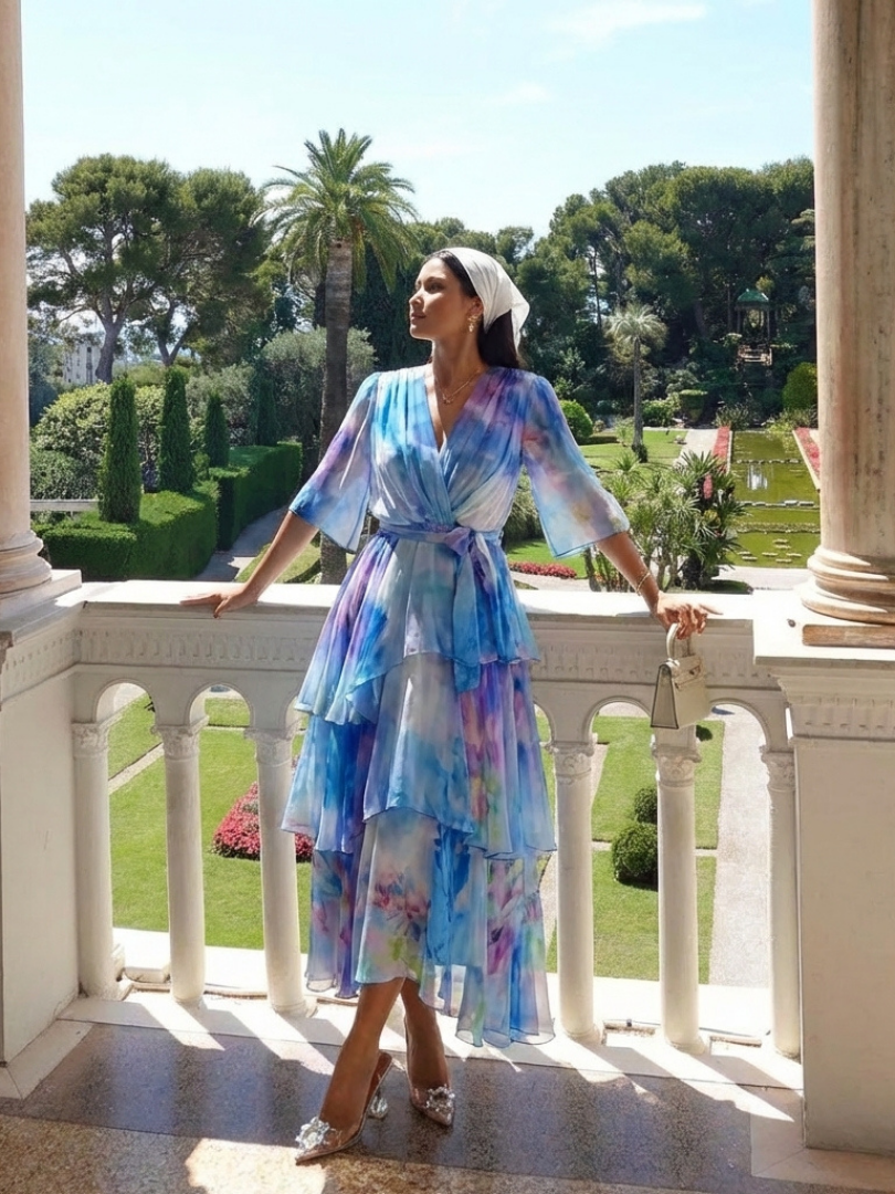 Calista | Vestido Maxi Vaporoso en Capas con Cuello en V y Cintura Anudada