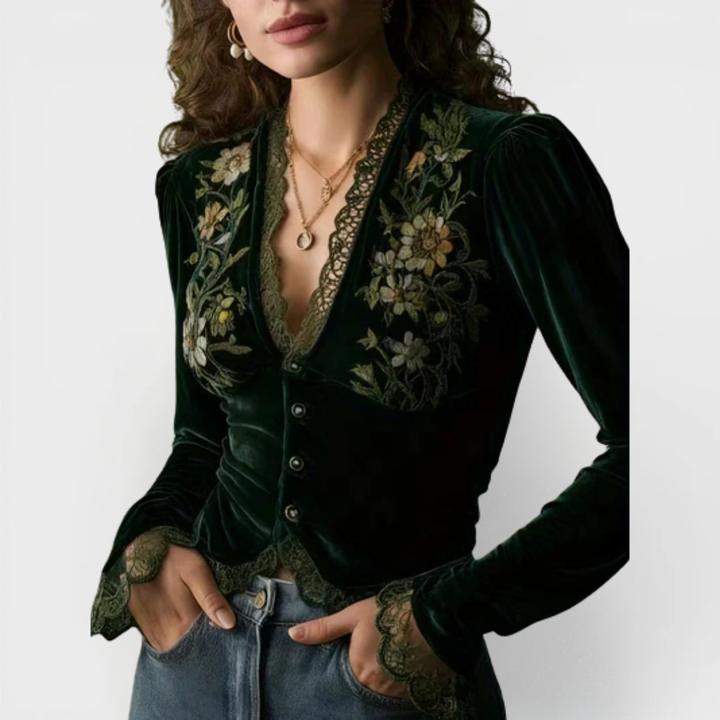 Nora  | Blusa de Terciopelo de Manga Larga con Flores Bordadas