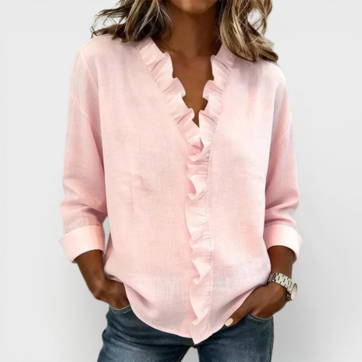 Susan | Blusa con Volantes, Cuello en V y Manga Larga