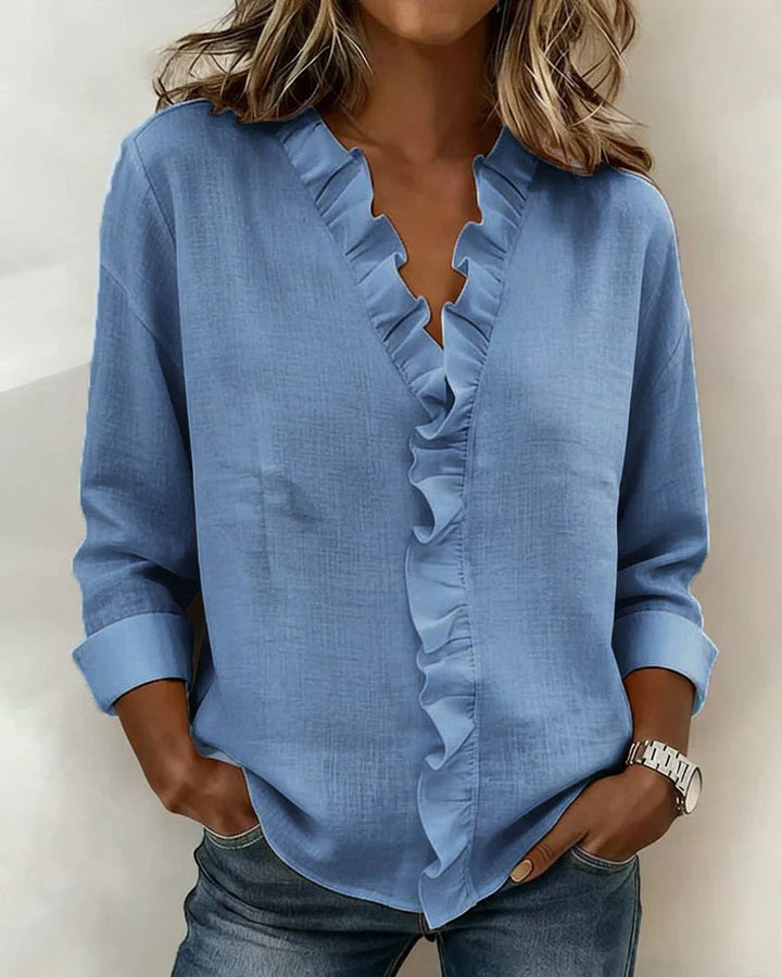 Susan | Blusa con Volantes, Cuello en V y Manga Larga