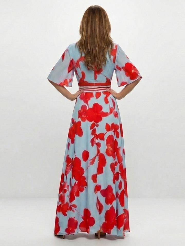 Corinne | Vestido Maxi Floral de Cuello en V y Manga Corta