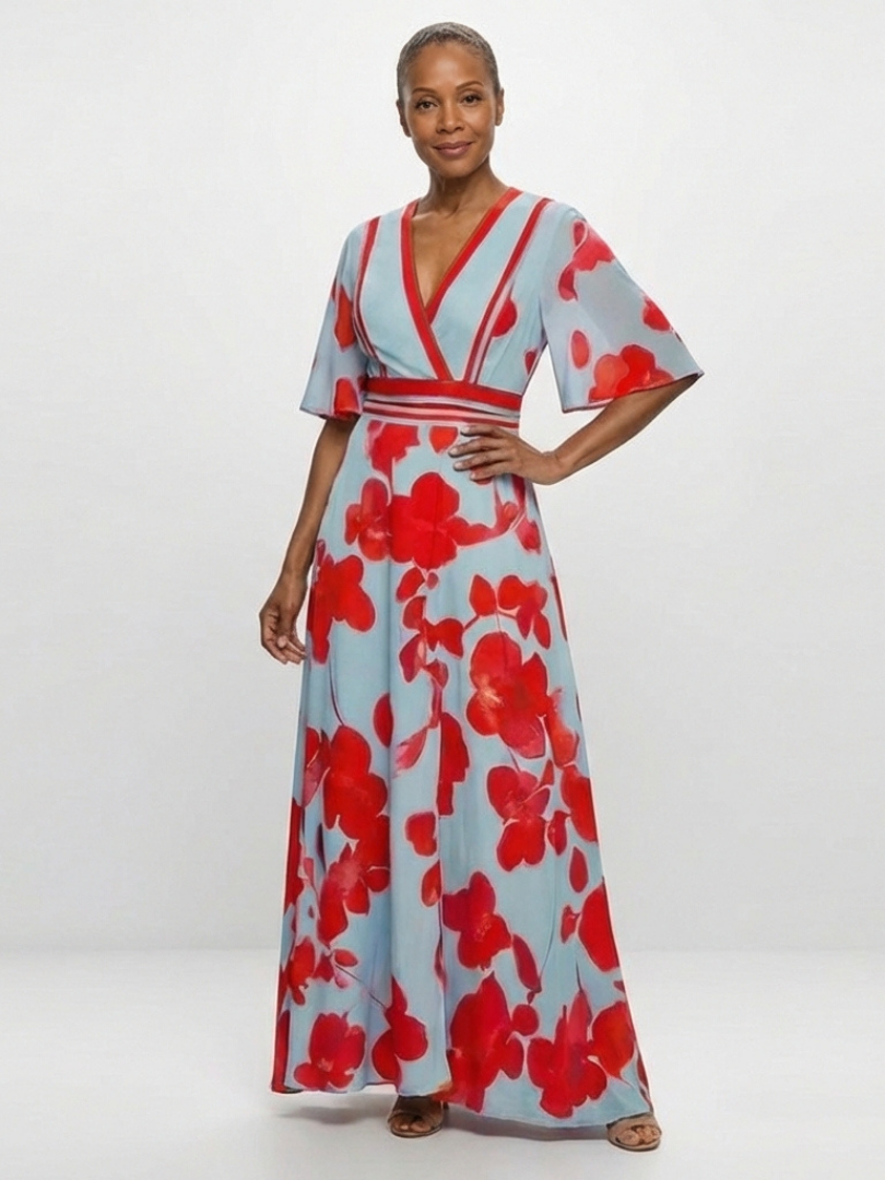 Corinne | Vestido Maxi Floral de Cuello en V y Manga Corta