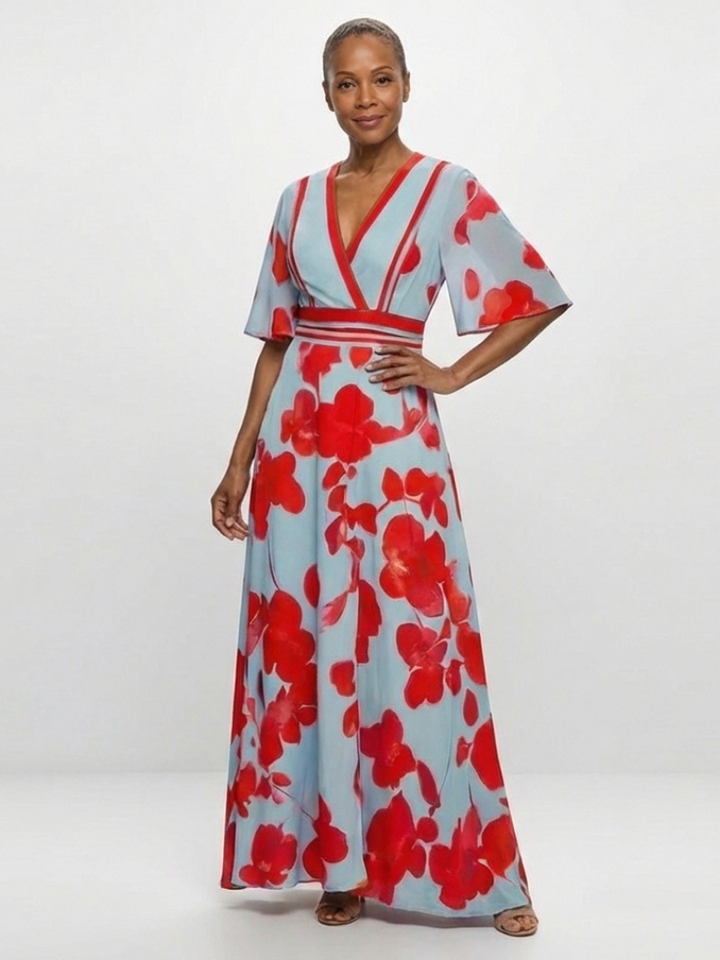 Corinne | Vestido Maxi Floral de Cuello en V y Manga Corta