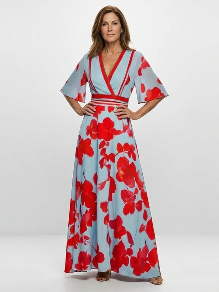 Corinne | Vestido Maxi Floral de Cuello en V y Manga Corta