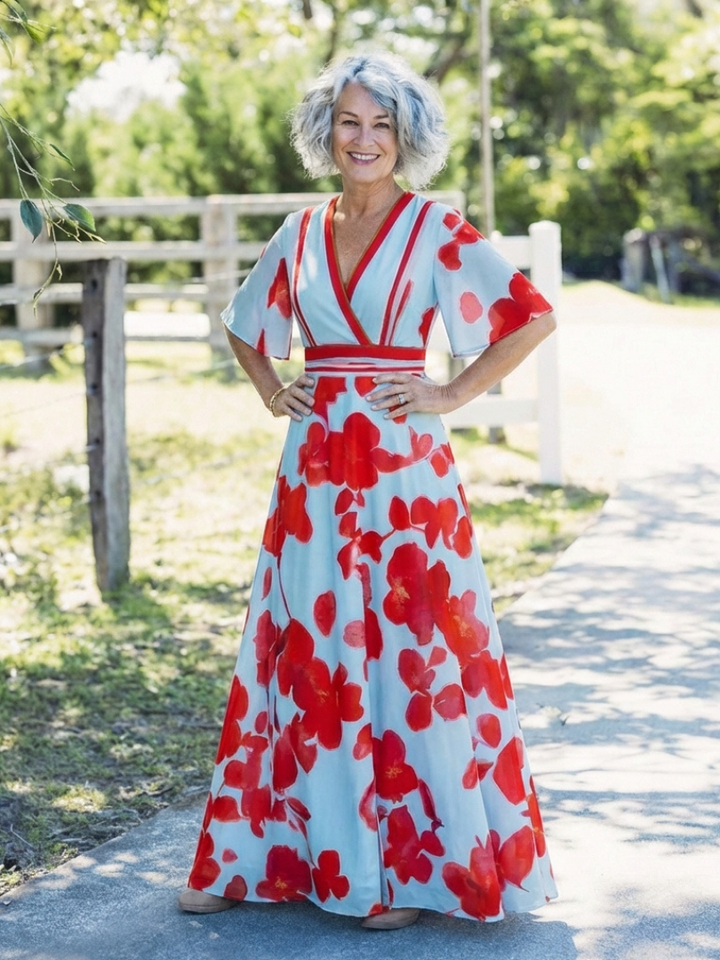 Corinne | Vestido Maxi Floral de Cuello en V y Manga Corta