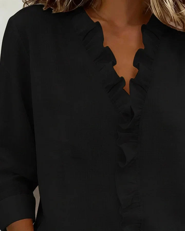 Susan | Blusa con Volantes, Cuello en V y Manga Larga