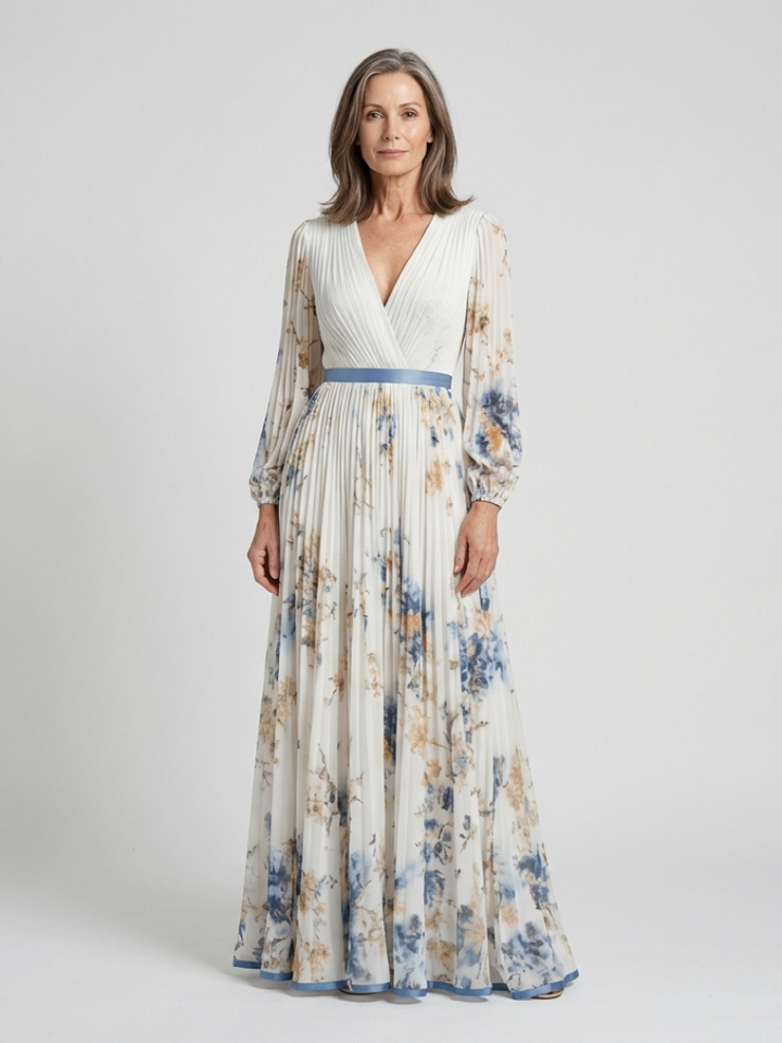 Lavinia | Vestido Maxi Floral de Cuello en V y Manga Larga