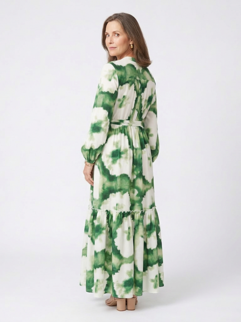 Sabine | Vestido Maxi Escalonado con Cintura Anudada y Manga Larga