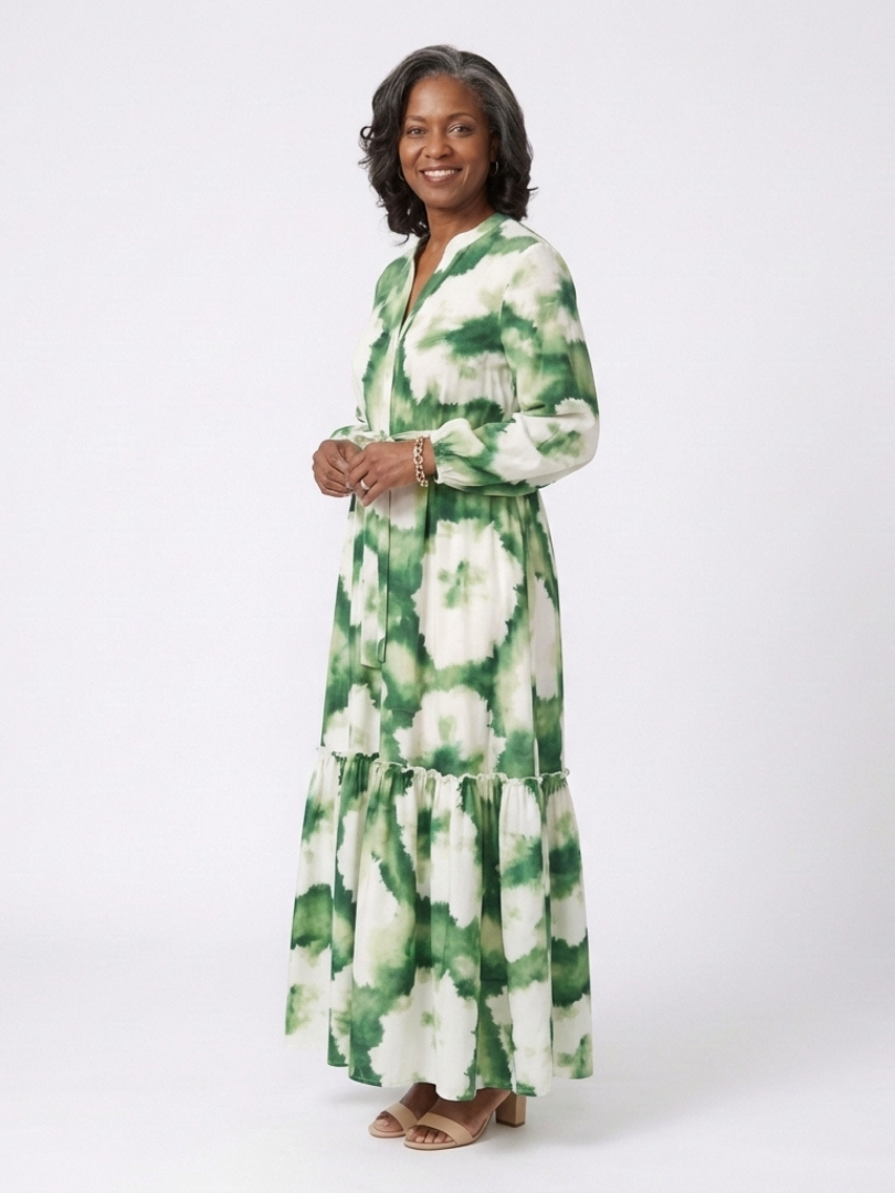 Sabine | Vestido Maxi Escalonado con Cintura Anudada y Manga Larga