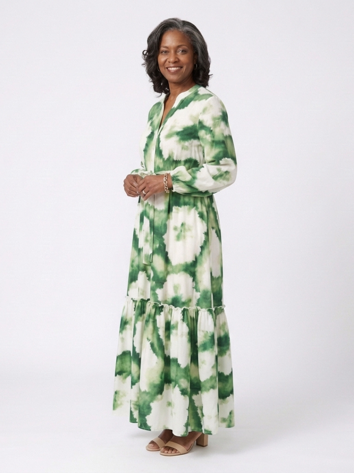 Sabine | Vestido Maxi Escalonado con Cintura Anudada y Manga Larga